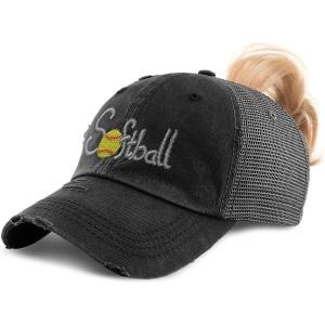 imageSpeedy Pros Womens Ponytail Cap Softball Embroidery Cotton Distressed Trucker HatsBlack