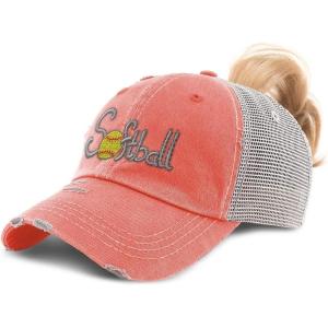imageSpeedy Pros Womens Ponytail Cap Softball Embroidery Cotton Distressed Trucker HatsCoral