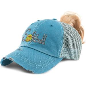 imageSpeedy Pros Womens Ponytail Cap Softball Embroidery Cotton Distressed Trucker HatsTurquoise