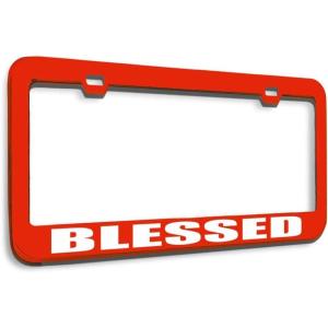 imageSpeedy Pros Metal License Plate Frame Blessed God Religious Jesus Christ Metal Tag Holder Car Accessories Chrome 2 Holes 1 FrameRed 2 Holes