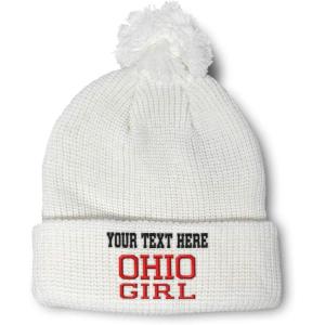 imageSpeedy Pros Pom Pom Beanies for Women Ohio Girl State USA America Embroidery Skull Cap Girl Winter Hats for Men 1 SizeWhite Personalized Text Here