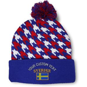 imageCustom Pom Pom Beanies for Women Sweden Sverige Flag Embroidery Skull Cap Flags Winter Hats for Men 1 SizeAmerican Stars Personalized Text Here
