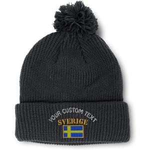 imageCustom Pom Pom Beanies for Women Sweden Sverige Flag Embroidery Skull Cap Flags Winter Hats for Men 1 SizeBlack Personalized Text Here