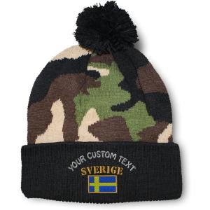 imageCustom Pom Pom Beanies for Women Sweden Sverige Flag Embroidery Skull Cap Flags Winter Hats for Men 1 SizeCamo Personalized Text Here