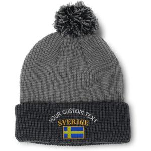 imageCustom Pom Pom Beanies for Women Sweden Sverige Flag Embroidery Skull Cap Flags Winter Hats for Men 1 SizeGrey Black Personalized Text Here