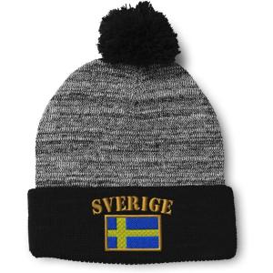 imageCustom Pom Pom Beanies for Women Sweden Sverige Flag Embroidery Skull Cap Flags Winter Hats for Men 1 SizeHeather Gray Black Design Only