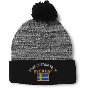 imageCustom Pom Pom Beanies for Women Sweden Sverige Flag Embroidery Skull Cap Flags Winter Hats for Men 1 SizeHeather Gray Black Personalized Text Here
