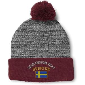 imageCustom Pom Pom Beanies for Women Sweden Sverige Flag Embroidery Skull Cap Flags Winter Hats for Men 1 SizeHeather Gray Burgundy Personalized Text Here