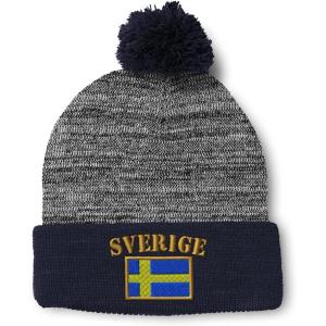 imageCustom Pom Pom Beanies for Women Sweden Sverige Flag Embroidery Skull Cap Flags Winter Hats for Men 1 SizeHeather Gray Navy Design Only