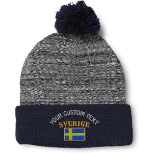 imageCustom Pom Pom Beanies for Women Sweden Sverige Flag Embroidery Skull Cap Flags Winter Hats for Men 1 SizeHeather Gray Navy Personalized Text Here
