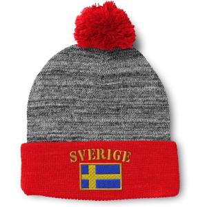 imageCustom Pom Pom Beanies for Women Sweden Sverige Flag Embroidery Skull Cap Flags Winter Hats for Men 1 SizeHeather Gray Red Design Only
