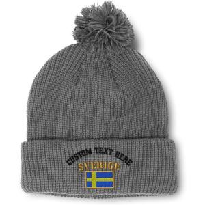 imageCustom Pom Pom Beanies for Women Sweden Sverige Flag Embroidery Skull Cap Flags Winter Hats for Men 1 SizeLight Grey Personalized Text Here