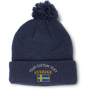 imageCustom Pom Pom Beanies for Women Sweden Sverige Flag Embroidery Skull Cap Flags Winter Hats for Men 1 SizeNavy Personalized Text Here