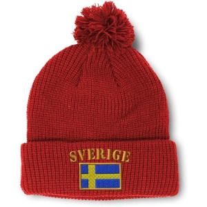imageCustom Pom Pom Beanies for Women Sweden Sverige Flag Embroidery Skull Cap Flags Winter Hats for Men 1 SizeRed Design Only
