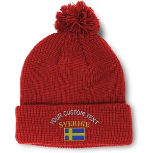 imageCustom Pom Pom Beanies for Women Sweden Sverige Flag Embroidery Skull Cap Flags Winter Hats for Men 1 SizeRed Personalized Text Here