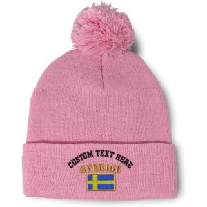 imageCustom Pom Pom Beanies for Women Sweden Sverige Flag Embroidery Skull Cap Flags Winter Hats for Men 1 SizeSoft Pink Personalized Text Here