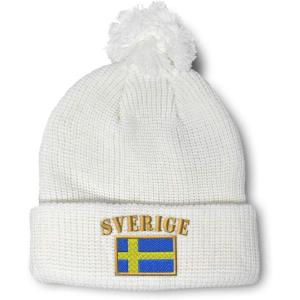 imageCustom Pom Pom Beanies for Women Sweden Sverige Flag Embroidery Skull Cap Flags Winter Hats for Men 1 SizeWhite Design Only
