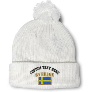 imageCustom Pom Pom Beanies for Women Sweden Sverige Flag Embroidery Skull Cap Flags Winter Hats for Men 1 SizeWhite Personalized Text Here