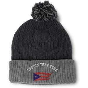 imagePom Pom Beanies for Women Puerto Rico Flame Flag Black Embroidery Skull Cap Winter Hats for Men 1 SizeBlack Grey Personalized Text Here