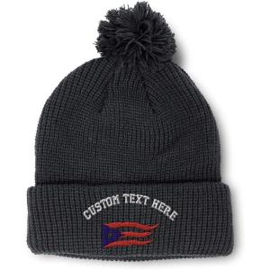 imagePom Pom Beanies for Women Puerto Rico Flame Flag Black Embroidery Skull Cap Winter Hats for Men 1 SizeBlack Personalized Text Here