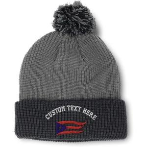 imagePom Pom Beanies for Women Puerto Rico Flame Flag Black Embroidery Skull Cap Winter Hats for Men 1 SizeGrey Black Personalized Text Here
