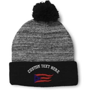 imagePom Pom Beanies for Women Puerto Rico Flame Flag Black Embroidery Skull Cap Winter Hats for Men 1 SizeHeather Gray Black Personalized Text Here