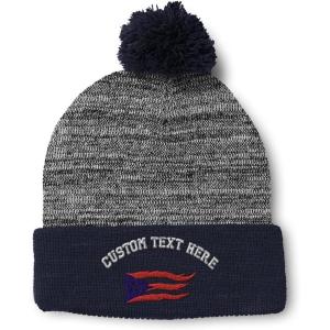 imagePom Pom Beanies for Women Puerto Rico Flame Flag Black Embroidery Skull Cap Winter Hats for Men 1 SizeHeather Gray Navy Personalized Text Here