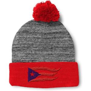 imagePom Pom Beanies for Women Puerto Rico Flame Flag Black Embroidery Skull Cap Winter Hats for Men 1 SizeHeather Gray Red Design Only