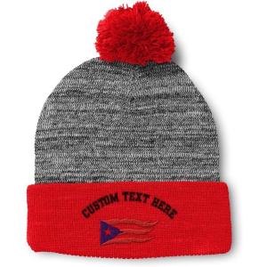 imagePom Pom Beanies for Women Puerto Rico Flame Flag Black Embroidery Skull Cap Winter Hats for Men 1 SizeHeather Gray Red Personalized Text Here