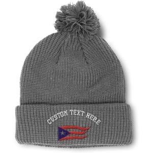 imagePom Pom Beanies for Women Puerto Rico Flame Flag Black Embroidery Skull Cap Winter Hats for Men 1 SizeLight Grey Personalized Text Here