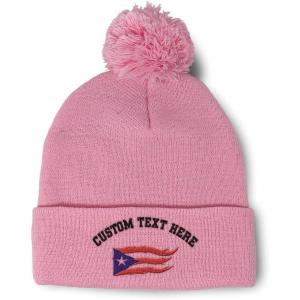 imagePom Pom Beanies for Women Puerto Rico Flame Flag Black Embroidery Skull Cap Winter Hats for Men 1 SizeSoft Pink Personalized Text Here