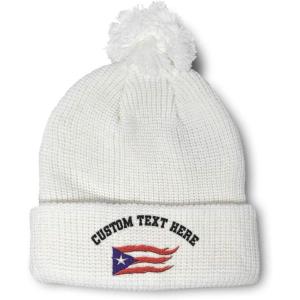 imagePom Pom Beanies for Women Puerto Rico Flame Flag Black Embroidery Skull Cap Winter Hats for Men 1 SizeWhite Personalized Text Here