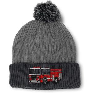 imageSpeedy Pros Pom Pom Beanies for Women Fire Engine Truck A Embroidery Skull Cap Winter Hats for Men Acrylic 1 SizeGrey Black Design Only