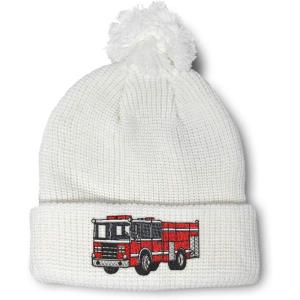 imageSpeedy Pros Pom Pom Beanies for Women Fire Engine Truck A Embroidery Skull Cap Winter Hats for Men Acrylic 1 SizeWhite Design Only