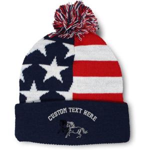 imagePom Pom Beanies for Women Animal Running Horses Embroidery Skull Cap Winter Hats for Men Acrylic 1 SizeAmerican Flag Personalized Text Here