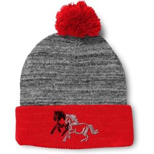 imagePom Pom Beanies for Women Animal Running Horses Embroidery Skull Cap Winter Hats for Men Acrylic 1 SizeHeather Gray Red Design Only