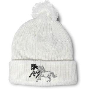 imagePom Pom Beanies for Women Animal Running Horses Embroidery Skull Cap Winter Hats for Men Acrylic 1 SizeWhite Design Only