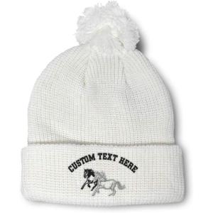imagePom Pom Beanies for Women Animal Running Horses Embroidery Skull Cap Winter Hats for Men Acrylic 1 SizeWhite Personalized Text Here