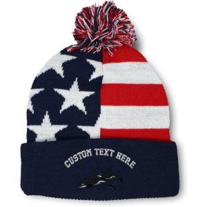 imagePom Pom Beanies for Women Killer Whales Embroidery Skull Cap Winter Hats for Men Acrylic 1 SizeAmerican Flag Personalized Text Here