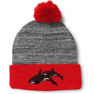imagePom Pom Beanies for Women Killer Whales Embroidery Skull Cap Winter Hats for Men Acrylic 1 SizeHeather Gray Red Design Only