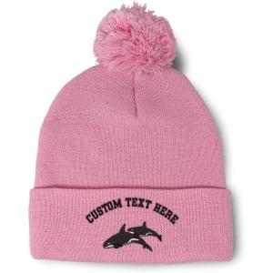 imagePom Pom Beanies for Women Killer Whales Embroidery Skull Cap Winter Hats for Men Acrylic 1 SizeSoft Pink Personalized Text Here