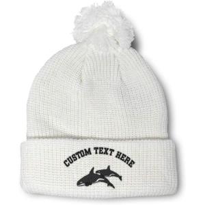 imagePom Pom Beanies for Women Killer Whales Embroidery Skull Cap Winter Hats for Men Acrylic 1 SizeWhite Personalized Text Here