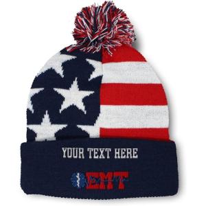 imageSpeedy Pros Pom Pom Beanies for Women EMT Paramedic Embroidery Skull Cap Paramedic Winter Hats for Men Acrylic 1 SizeAmerican Flag Personalized Text Here