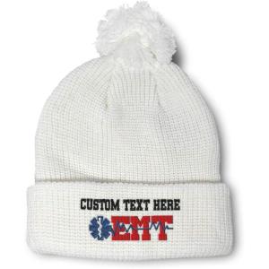 imageSpeedy Pros Pom Pom Beanies for Women EMT Paramedic Embroidery Skull Cap Paramedic Winter Hats for Men Acrylic 1 SizeWhite Personalized Text Here