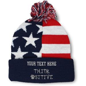 imageCustom Pom Pom Beanies for Women Think Pawsitive Silver Tread Embroidery Skull Cap Letters Acrylic 1 SizeAmerican Flag Personalized Text Here
