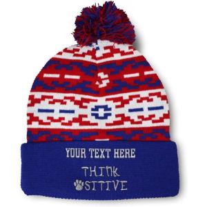 imageCustom Pom Pom Beanies for Women Think Pawsitive Silver Tread Embroidery Skull Cap Letters Acrylic 1 SizeAmerican Pixel Personalized Text Here