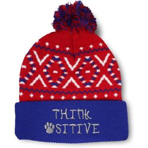 imageCustom Pom Pom Beanies for Women Think Pawsitive Silver Tread Embroidery Skull Cap Letters Acrylic 1 SizeAmerican X Design Only
