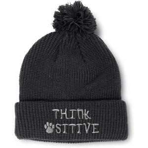 imageCustom Pom Pom Beanies for Women Think Pawsitive Silver Tread Embroidery Skull Cap Letters Acrylic 1 SizeBlack Design Only