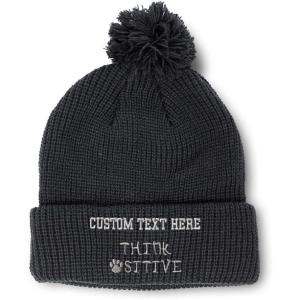 imageCustom Pom Pom Beanies for Women Think Pawsitive Silver Tread Embroidery Skull Cap Letters Acrylic 1 SizeBlack Personalized Text Here