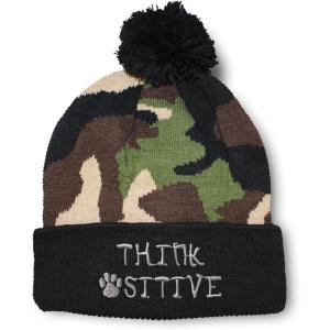 imageCustom Pom Pom Beanies for Women Think Pawsitive Silver Tread Embroidery Skull Cap Letters Acrylic 1 SizeCamo Design Only